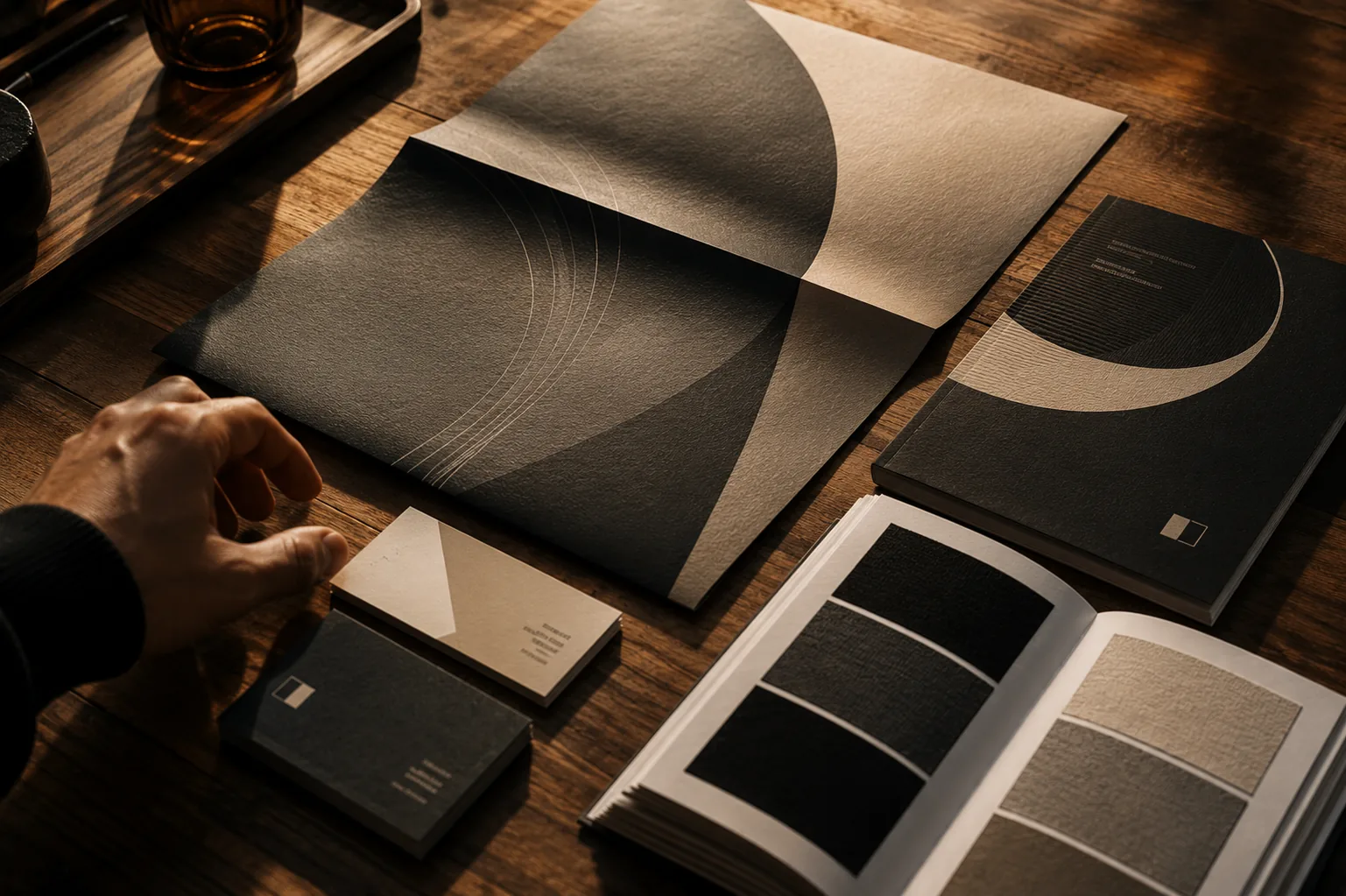 Printed brand collateral laid out on a desk; covers, cards and paper swatches