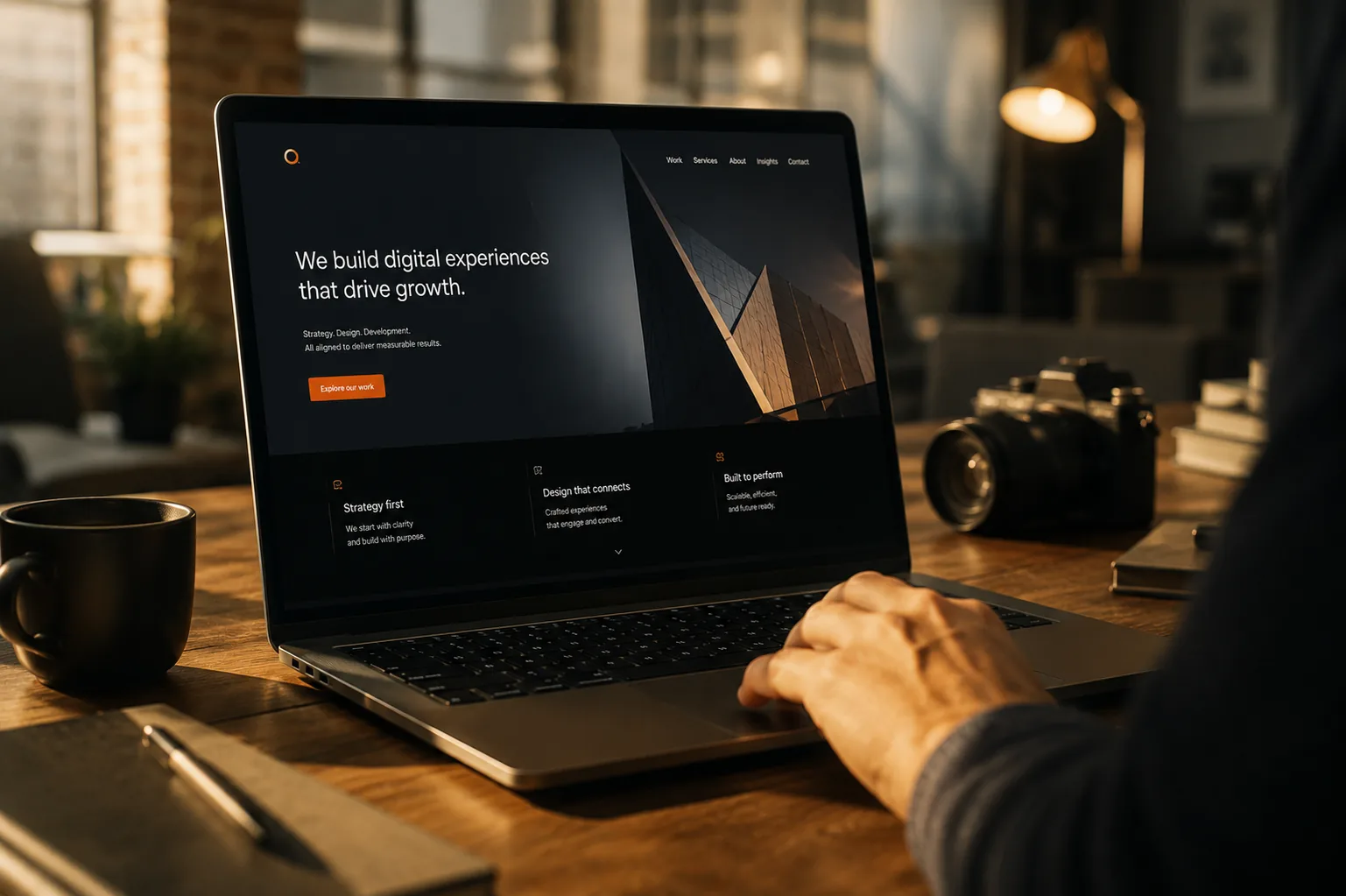 A website design being reviewed on screen