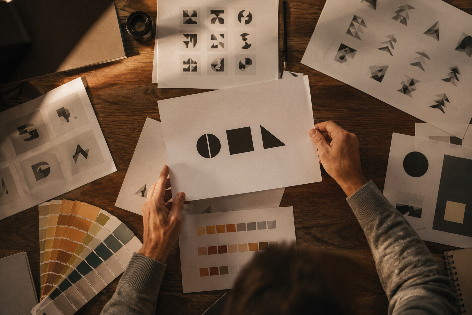 Identity exploration laid out on a studio table; logo routes, colour swatches and printed proofs