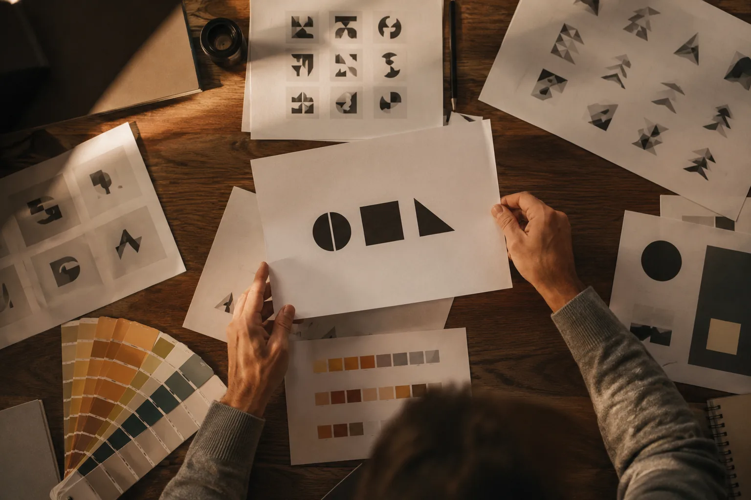Identity exploration laid out on a studio table; logo routes, colour swatches and printed proofs