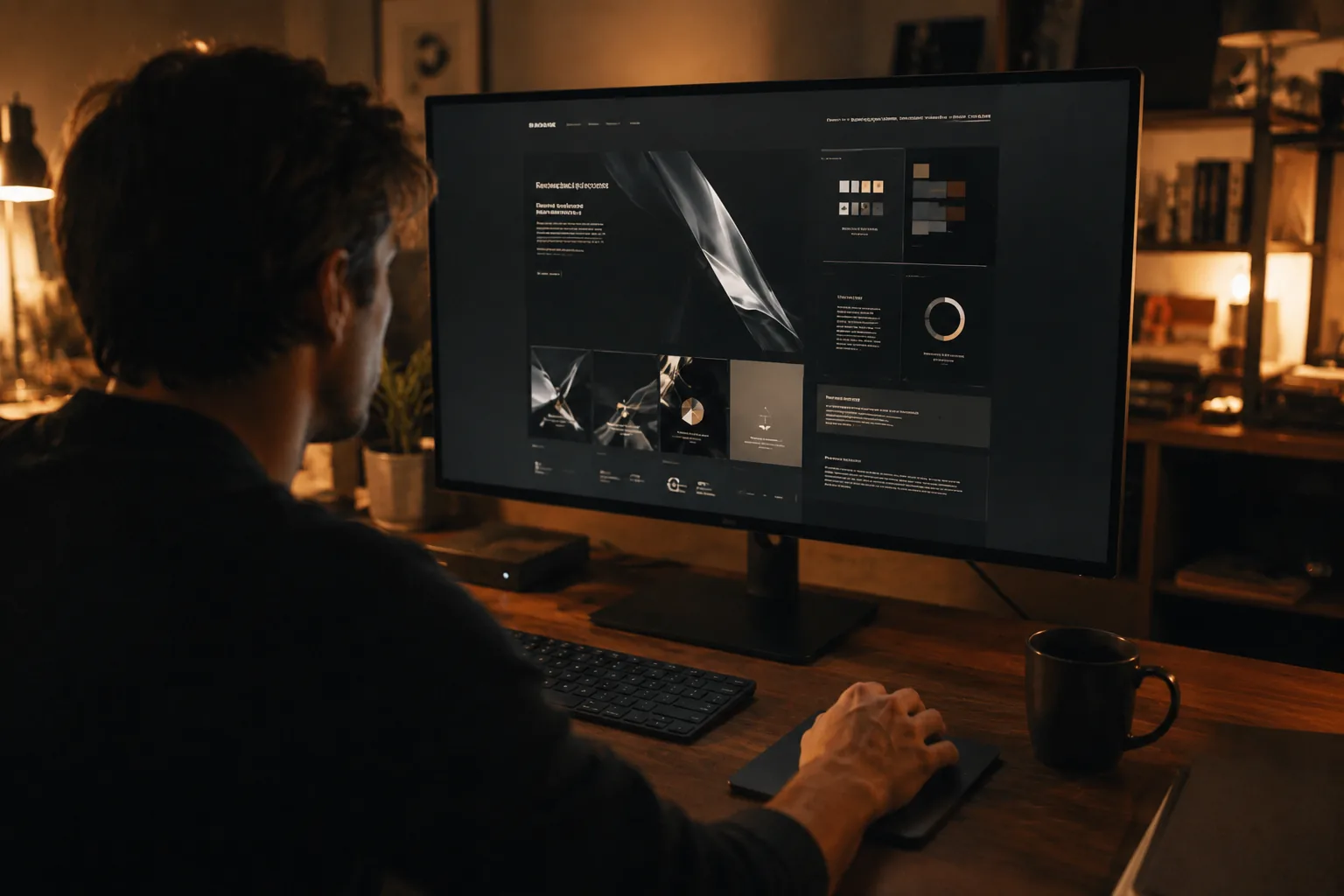 A designer reviewing a dark editorial website layout on a large display