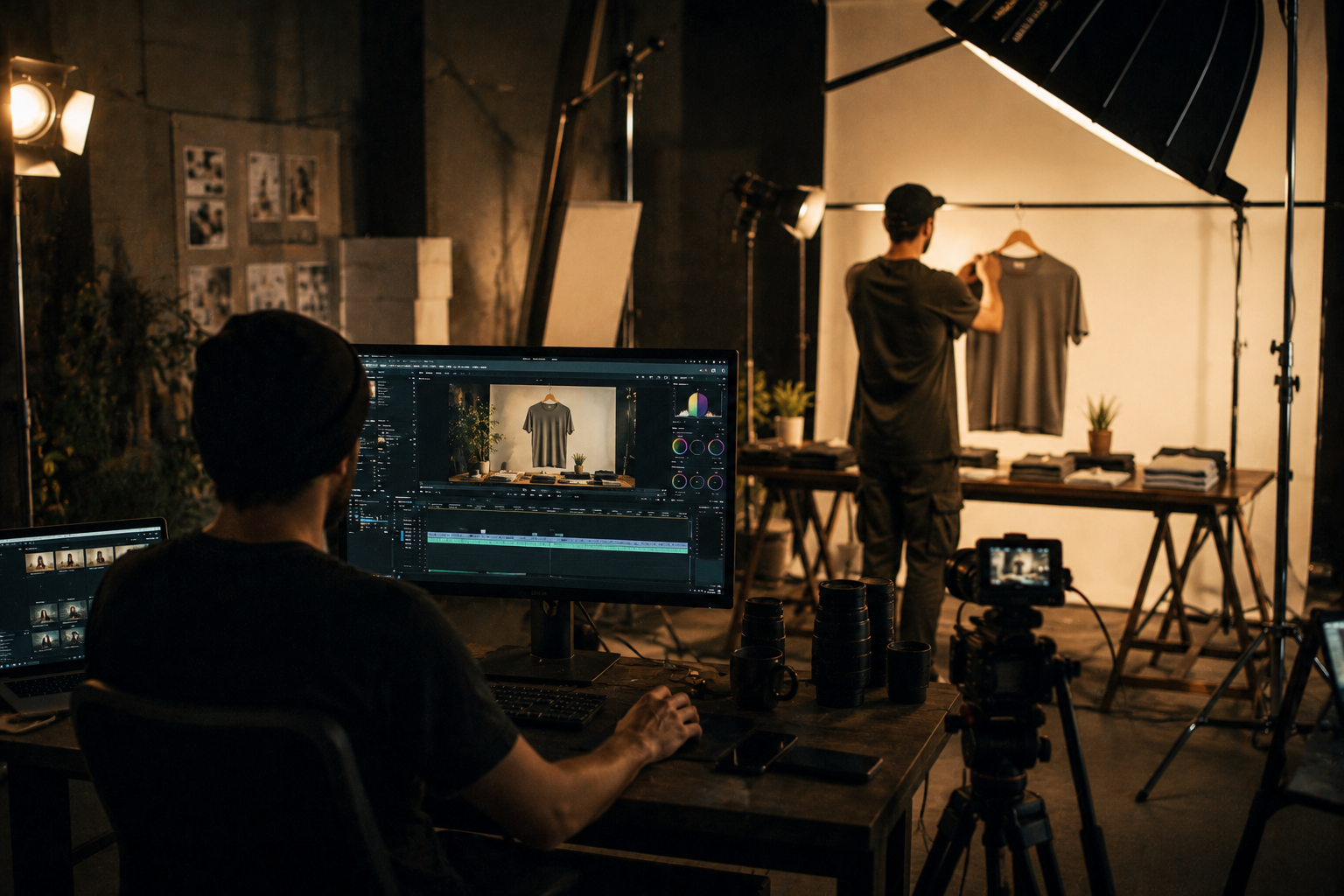 A studio shoot in progress; product on set, the edit open on the monitor