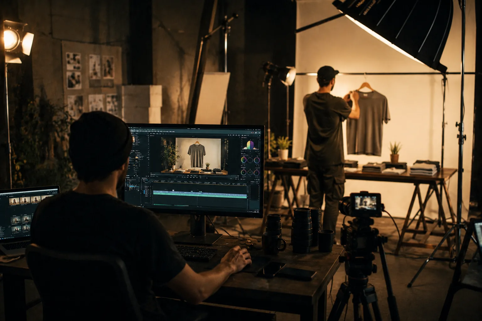 A studio shoot in progress; product on set, the edit open on the monitor