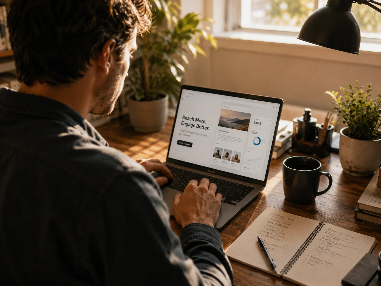 A campaign dashboard open on a laptop, campaign notes beside it